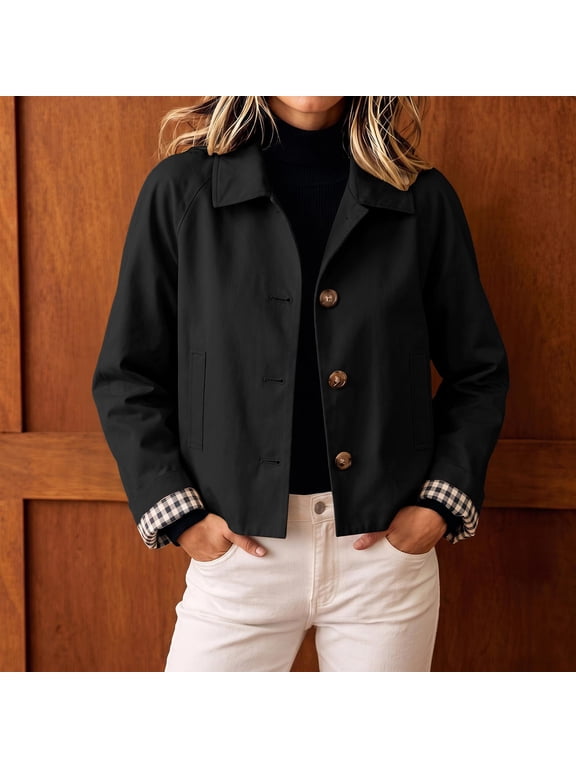 Women's Plaid Trim Short Jacket Lapel Collar Button Down Windbreaker, Loose Fit Lightweight Coat with Pockets, French Vintage Casual Daily Wear Fall Winter