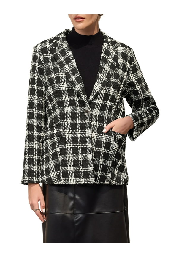 Women's Plaid Tweed Blazers Notched Lapel 2025 Business Casual One Button Suit Jackets 2XL Black