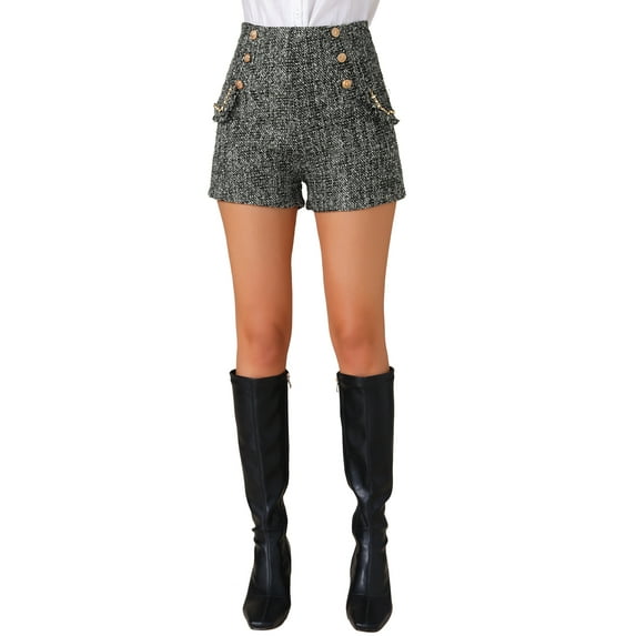 Women's Plaid Tweed High Waisted Wide Leg Button Decor Elegant Shorts XS Black
