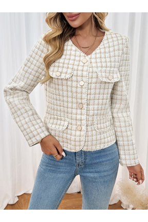 Women's Plaid Tweed V-Neck Cropped Jacket with Pearl Trim, Sizes S-XL