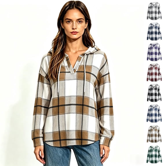 Women's Plaid V Neck Drawstring Long Sleeve Hooded Tunic Top, Oversized Pullover Hoodie with Pocket, Women's Plus, Size S-2XL