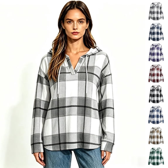 Women's Plaid V Neck Drawstring Long Sleeve Hooded Tunic Top, Oversized Pullover Hoodie with Pocket, Women's Plus, Size S-2XL