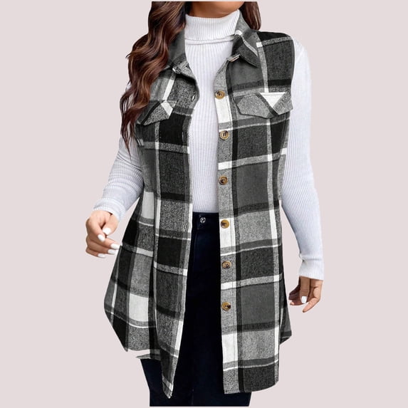 Women's Plaid Vest Coat Casual Sleeveless Open Front Wool Blend Blazer Jacket Fall Winter Fashion Slim Fit Cardigan Outwear