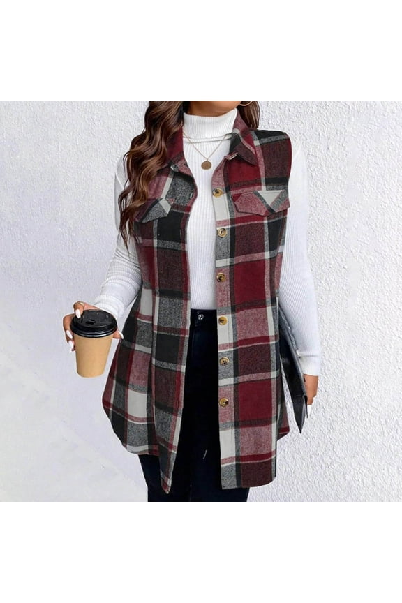 Women's Plaid Vest Outerwear Sleeveless Flannels for Women with Button Fake Pocket Decor Tunic Shirt Shackets (XL, Wine)