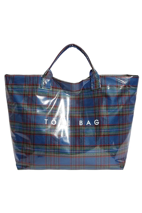 Women’s Plaid Vinyl Tote Bag – Waterproof Glossy Synthetic Handbag, Large Spacious Capacity, Hook-and-Loop Closure, Letters Print, for Shopping/Daily Use/Christmas Gift (Red Tartan Pattern)