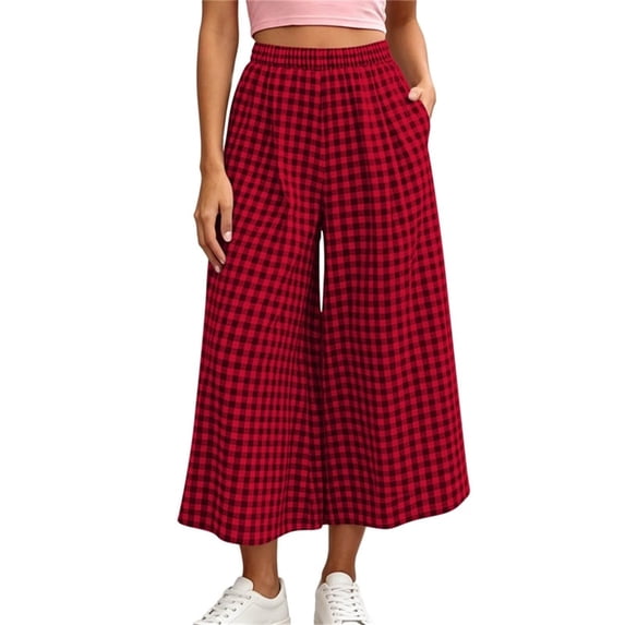 Women's Plaid Wide Leg Capri Pants High Waisted Elastic Waist Casual Cropped Pants with Pockets