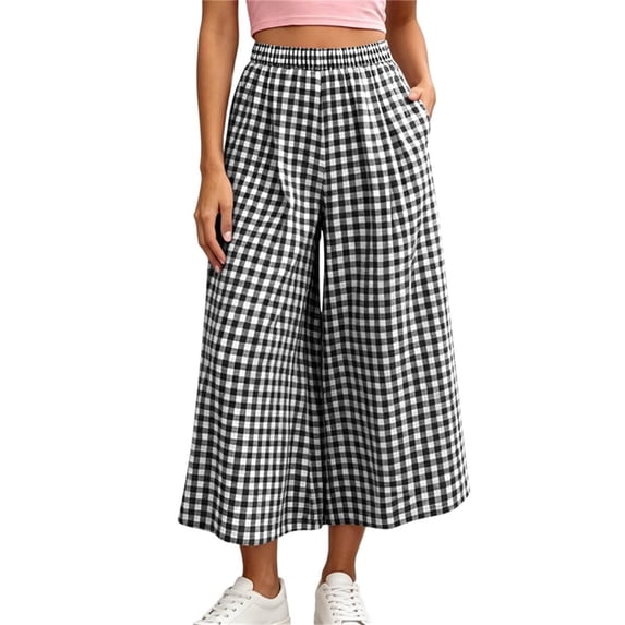 Women's Plaid Wide Leg Capri Pants High Waisted Elastic Waist Casual Cropped Pants with Pockets