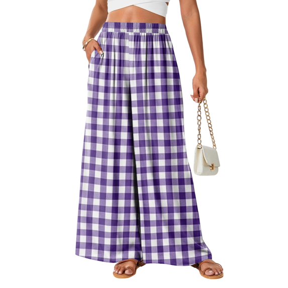 Women's Plaid Wide Leg Palazzo Pants, High Waisted Gingham Long Trousers with Pockets, Casual Summer Beach Flowy Pants, S-2XL