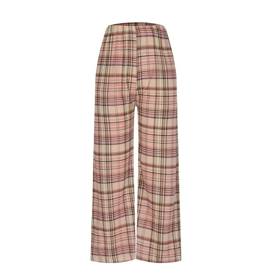 Women's Plaid Wide Leg Pants Casual Elastic High Waist Casual Trendy Long Pants Loose Fit Lounge Pants Trousers,Free Size