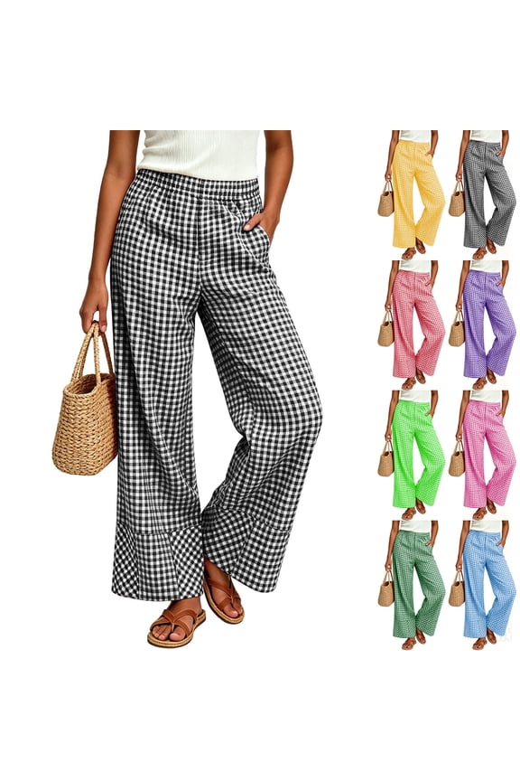 Women's Plaid Wide Leg Pants Cotton Blend Trousers with Pockets, Mid Elastic Waist Loose Fit, Casual Business Office Work Lounge, Long Straight | TruHer,Black L