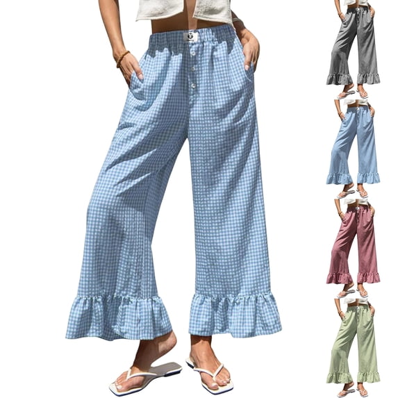 Women’s Plaid Wide Leg Pants Flared Leg Baggy Drawstring Ruffle Palazzo Pants with Pockets Summer Elastic Waisted Slacks Red M