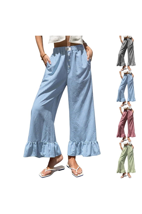 Women’s Plaid Wide Leg Pants Flared Leg Baggy Drawstring Ruffle Palazzo Pants with Pockets Summer Elastic Waisted Slacks Red M