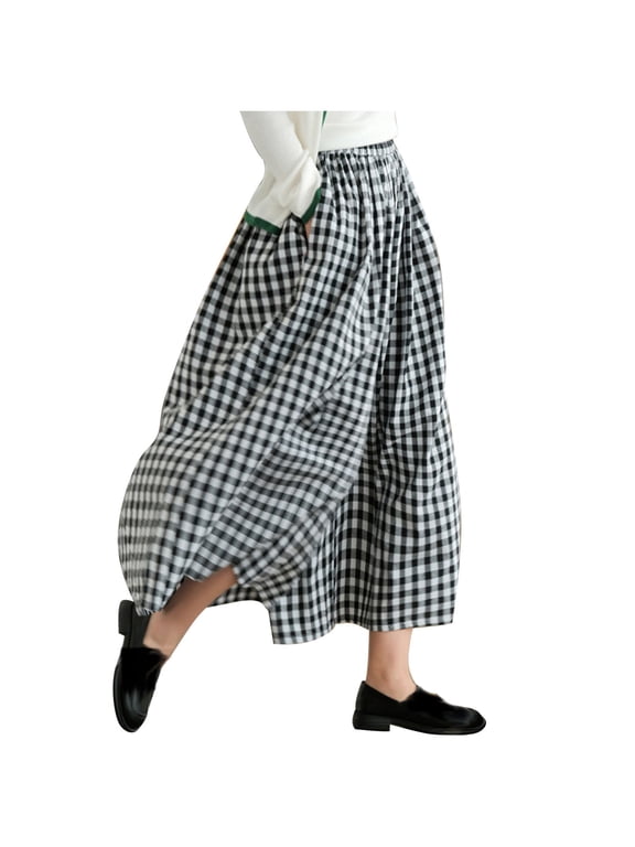 Women's Plaid Wide Leg Pants High Waisted Checkered Culottes Casual Loose Fit Cropped Trousers with Pockets for Summer Lounge Flowy Beach Vacation Wear