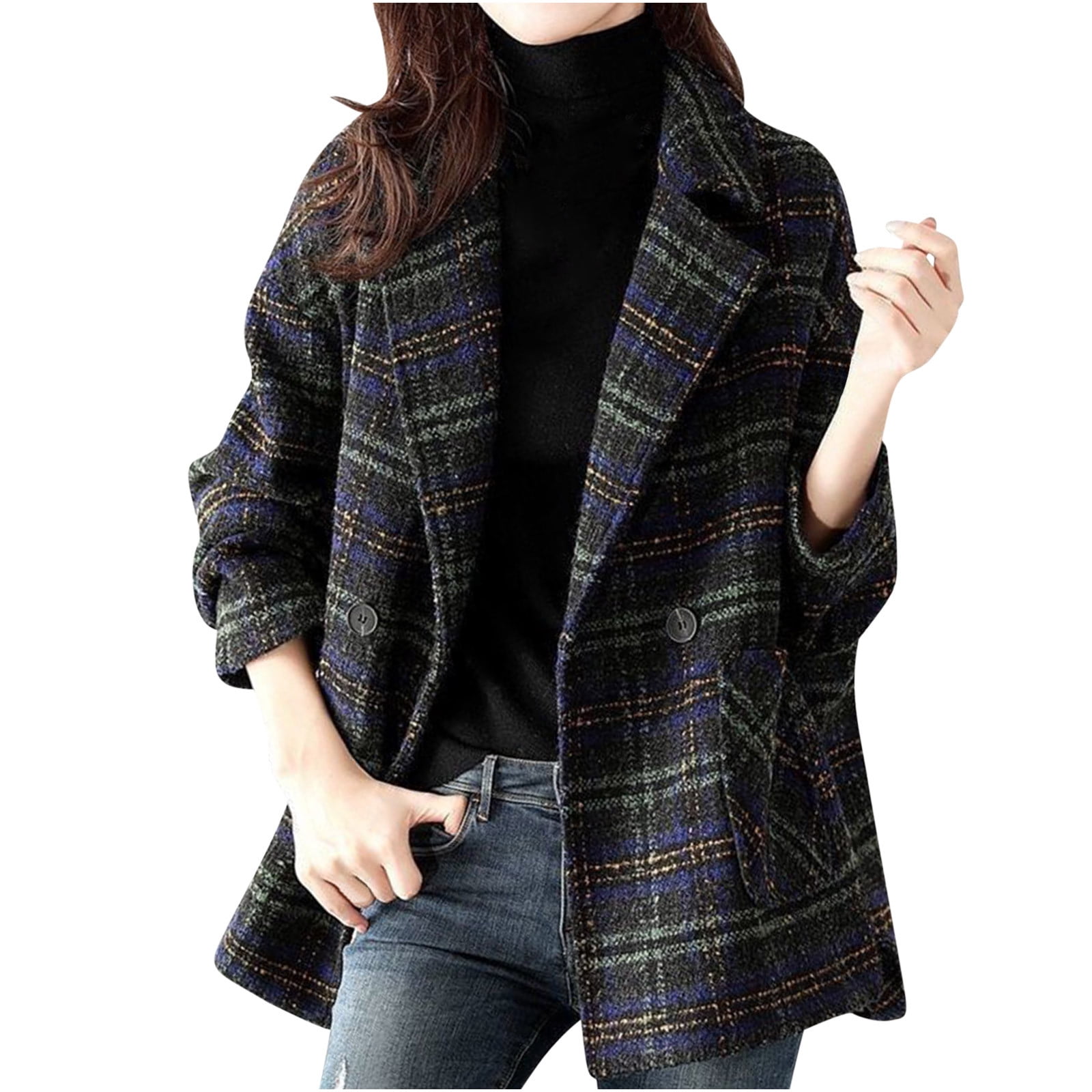 Women's Plaid Wool Blend Pea Coat, Dressy Casual Ladies Elagant Notched ...