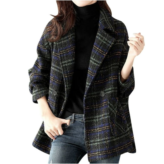 Women's Plaid Wool Blend Pea Coat, Dressy Casual Ladies Elagant Notched Lapel Woolen Suit Jackets Outerwear