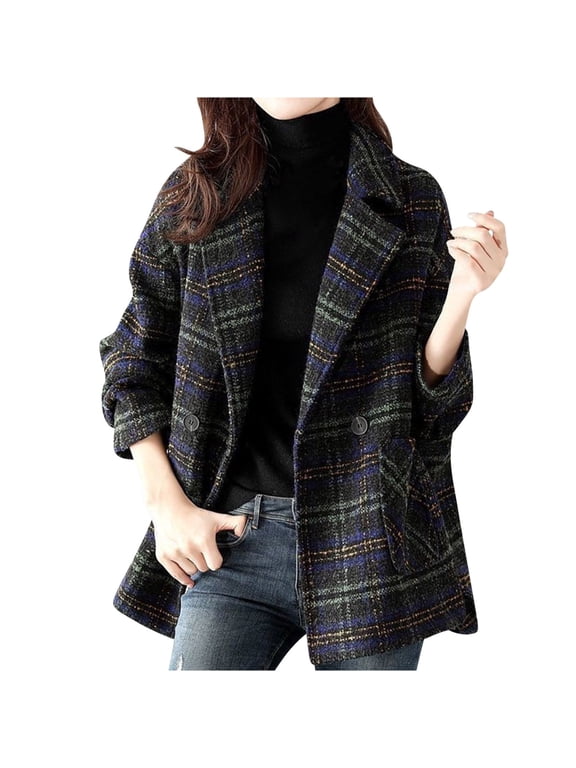 Women's Plaid Wool Blend Pea Coat, Dressy Casual Ladies Elagant Notched Lapel Woolen Suit Jackets Outerwear