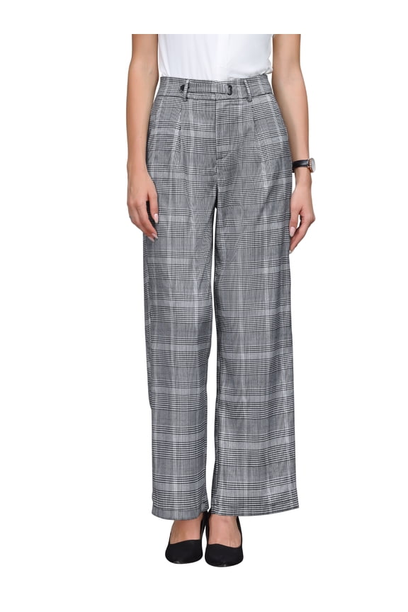 Women's Plaid Work Pant Vintage Houndstooth Wide Leg Straight Long Trousers 2XL Black White