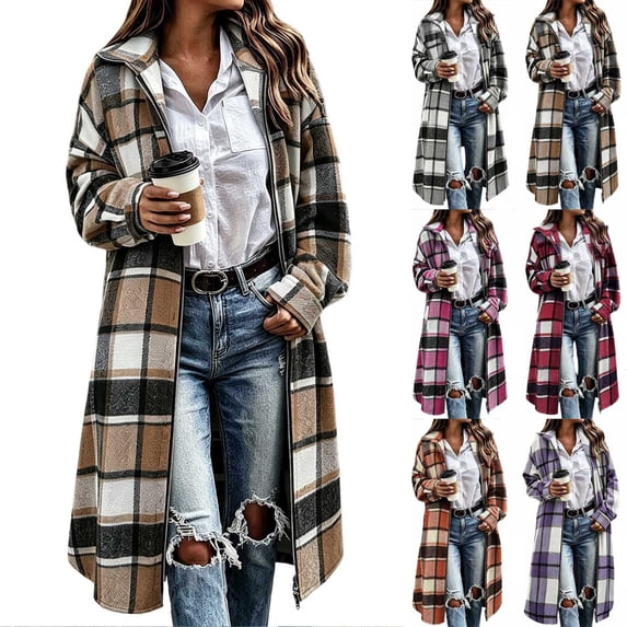 Women's Plaid Zip Up Long Coat, Collared Long Sleeve Loose Wool Blend Tartan Jacket with Pockets,Beige,Women's Plus Size L