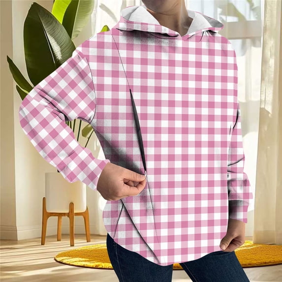Women's Plaid Zipped Hoodies for Breastfeeding Long Sleeve Casual Pullover Hooded Sweatshirt Loose Tops Shirts (S, Pink)