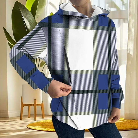Women's Plaid Zipped Hoodies for Breastfeeding Long Sleeve Casual Pullover Hooded Sweatshirt Loose Tops Shirts (XL, Navy)