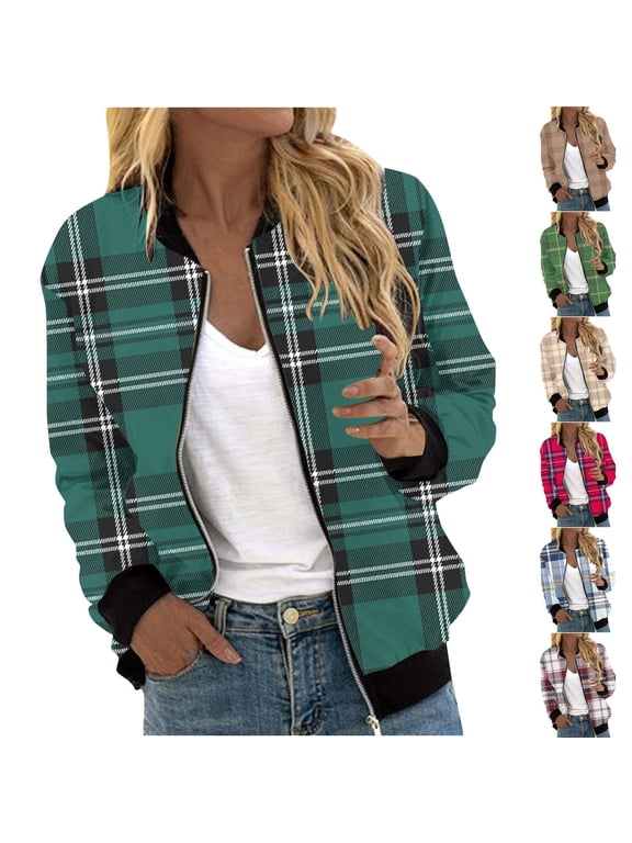 Women's Plaid Zipper Bomber Jackets Plus Size Fall Fashion Long Sleeve Print Outwear Causal Coat Cardigan Brown qILAKOG Size XXL