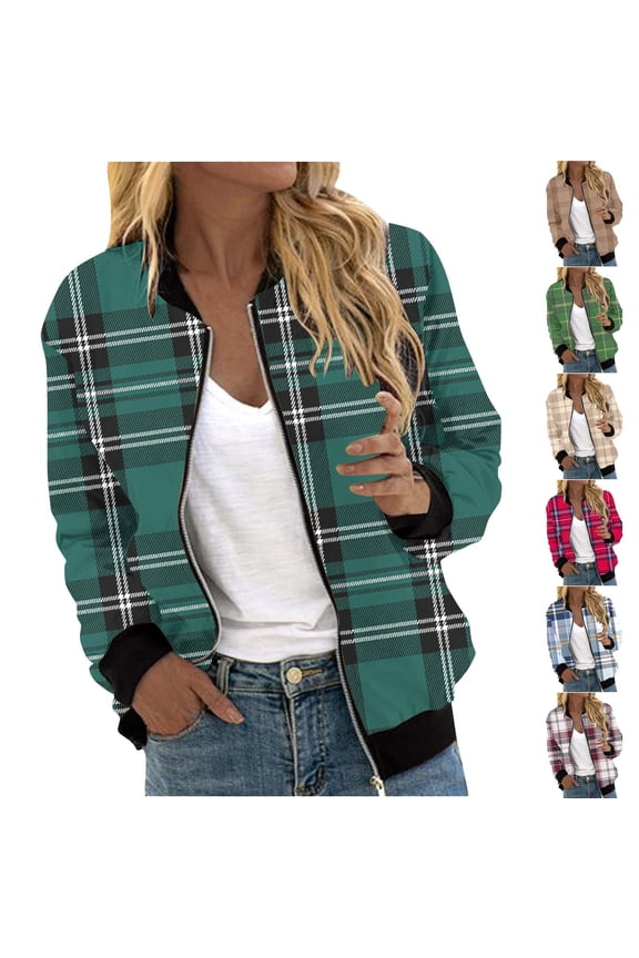 Women's Plaid Zipper Bomber Jackets Plus Size Fall Fashion Long Sleeve Print Outwear Causal Coat Cardigan Green qILAKOG Size XXL