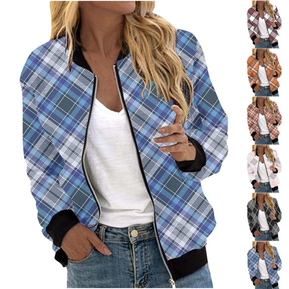 Women's Plaid Zipper Bomber Jackets Plus Size Fall Fashion Long Sleeve Print Outwear Causal Coat Cardigan Yellow qILAKOG Size XXL