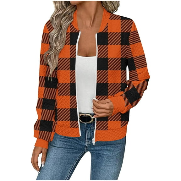 Women's Plaid Zipper Jackets, Stand-Up Collar Lightweight Tops with Pockets, Fall Casual Active Tops