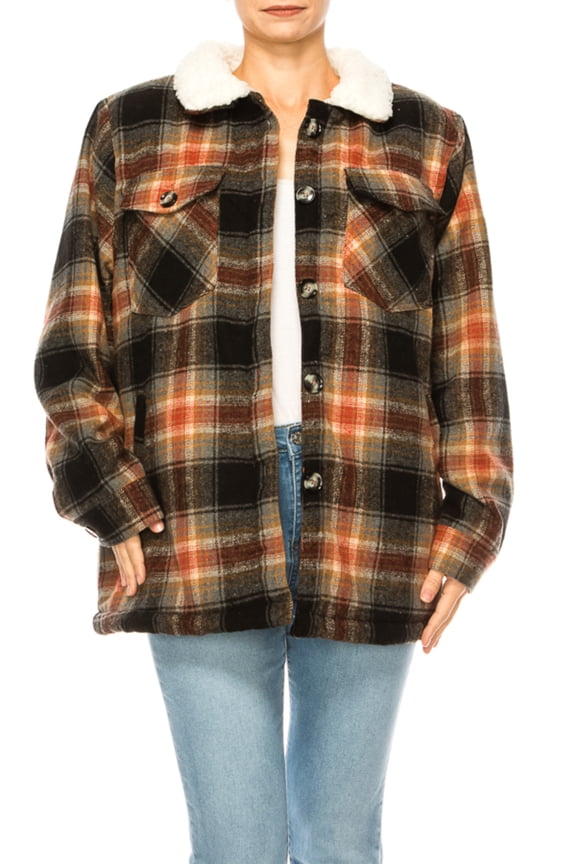 Women's Plaid fleece lined flannel jacket with button closure breast and side pockets