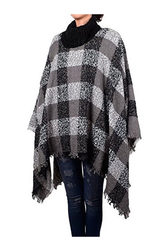 Women's Plaids & Checks High Neck Poncho with Tassel (Gray)
