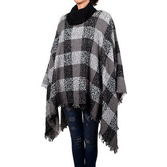 Women's Plaids & Checks High Neck Poncho with Tassel (Gray)