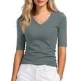 thumbnail image 1 of Women's Plain Basic Elbow Length Sleeves V Neck Top Fitted Shirt, 1 of 6