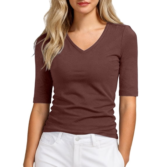 Women's Plain Basic Elbow Length Sleeves V Neck Top Fitted Shirt