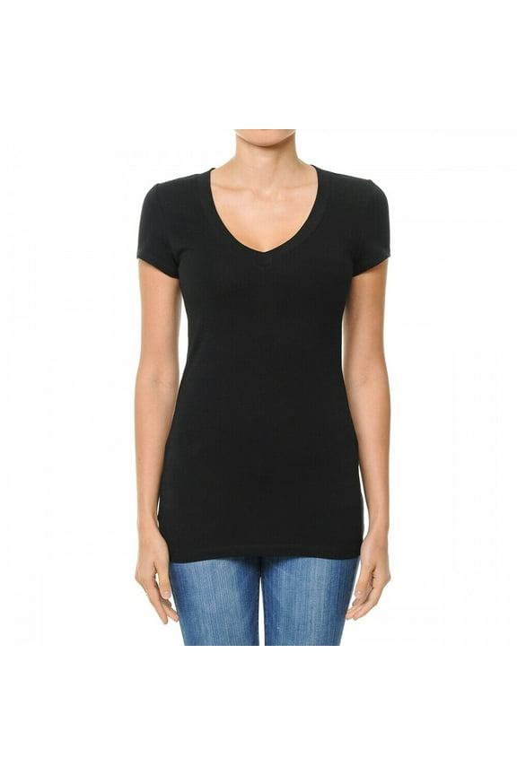 Women's Plain Basic Solid Short Sleeve T shirt V-Neck Stretchy Cotton Tee (S-3X)