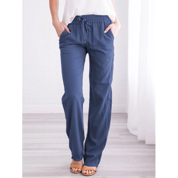 WISPR Women's Cotton Linen Drawstring Loose Casual Wide Leg Pants Casual, Blue (1-Pack).