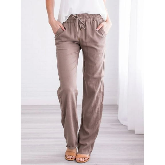 Women's Plain Cotton And Linen Drawstring Loose Casual Wide Leg Trousers