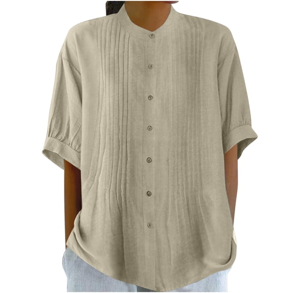 Women's Plain Cotton Linen Tops Short Sleeve Crewneck Casual Loose Solid Color Blouses Khaki,2XL