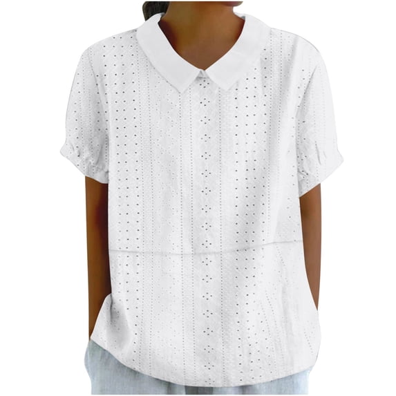Women's Plain Cotton Linen Tops Short Sleeve Crewneck Casual Loose Solid Color Blouses White,M