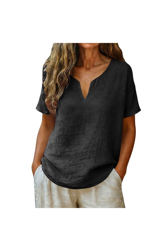 Women's Plain Cotton Linen Tops Summer Casual Notch V-Neck Short Sleeve Blouse Loose Fit Regular Daily Wear Shirt Gray