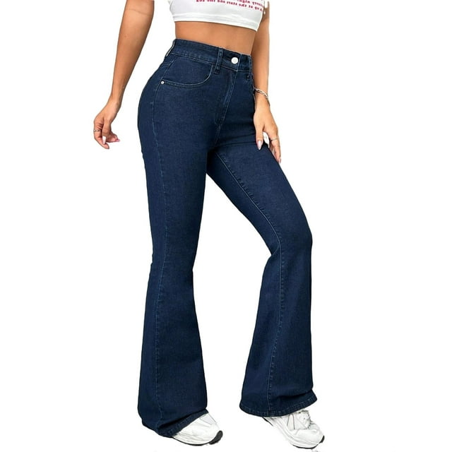 Women's Plain Flare Leg Dark Wash Long Jeans Petite XS (2)