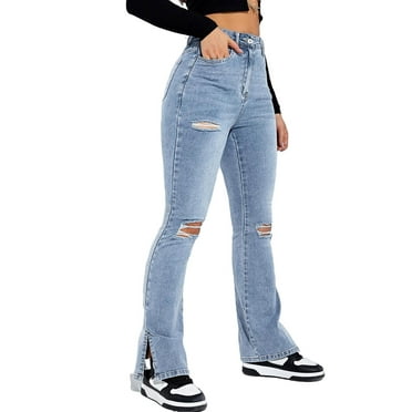 Women's Plain Flare Leg Light Wash Long Jeans S (4)