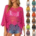 thumbnail image 1 of Women's Plain Fringe Trim Cut Out Sheer Cover Up Boho Scallop Trim 3/4 Sleeve Round Neck Crochet Cover Up Tops Beach Vacation, 1 of 11