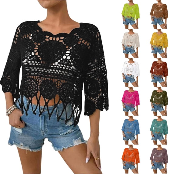 Women's Plain Fringe Trim Cut Out Sheer Crochet Cover Up Boho Scallop Trim 3/4 Sleeve Round Neck Beach Coverup Tops
