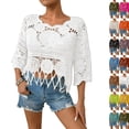 thumbnail image 1 of Women's Plain Fringe Trim Cut out Sheer Cover Up, Boho Scallop Trim 3/4 Sleeve Round Neck Cover Up, For Beach Vacation,White,S, 1 of 6