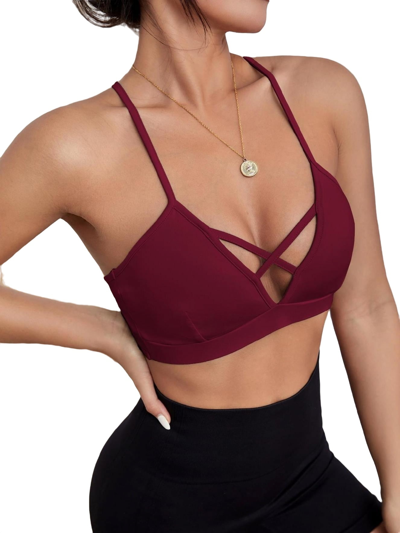 Women s Plain Halter Burgundy Sports Bras L 8 10