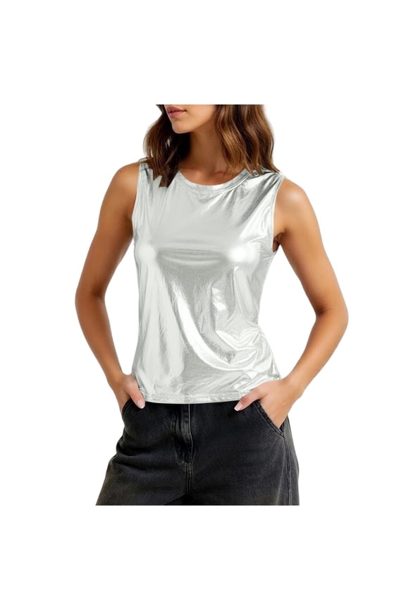 Women's Plain Metallic Tank Top Summer Shiny Crew Neck Sleeveless Tee Tank Slim Fit Fashion Going Out Party Outfits Silver