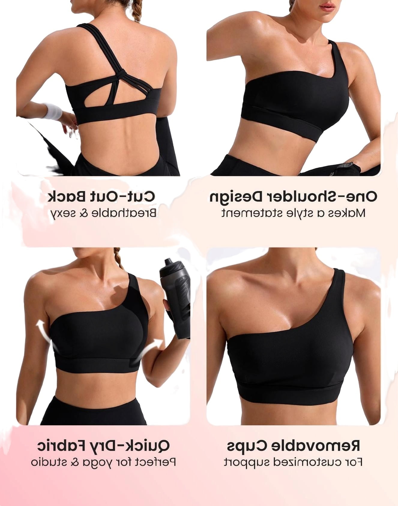 Women's Plain One Shoulder Black Sports Bras XL (12)
