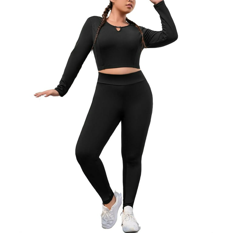 Women's Plain Round Neck Black Long Sleeve Plus Size Sports Sets 3XL (18)