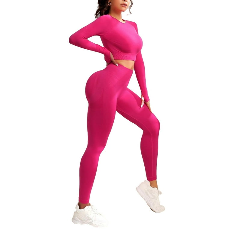 Women's Plain Round Neck Hot Pink Long Sleeve Sports Sets XS (2)