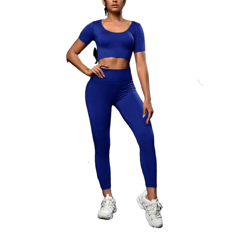 Women's Plain Scoop Neck Royal Blue Short Sleeve Sports Sets M (6